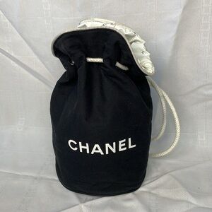 Chanel Canvas Small Bucket Bag Drawstring Shoulder Sling Beach